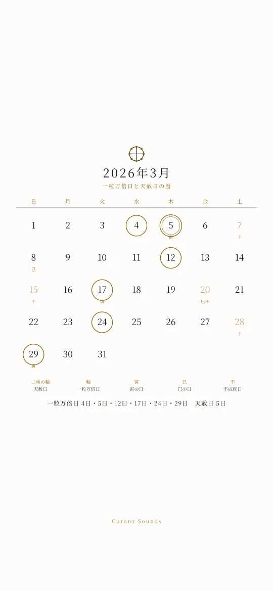 2026年3月の一粒万倍日と天赦日の暦の待ち受け