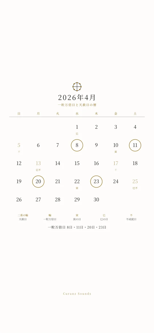 2026年4月の一粒万倍日と天赦日の暦の待ち受け