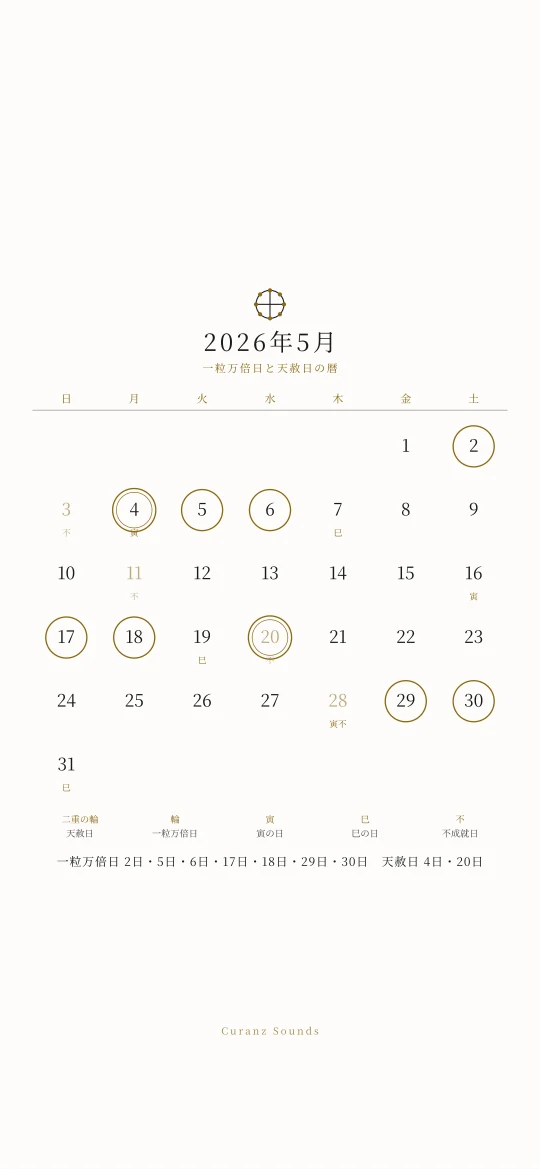 2026年5月の一粒万倍日と天赦日の暦の待ち受け