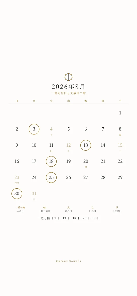 2026年8月の一粒万倍日と天赦日の暦の待ち受け