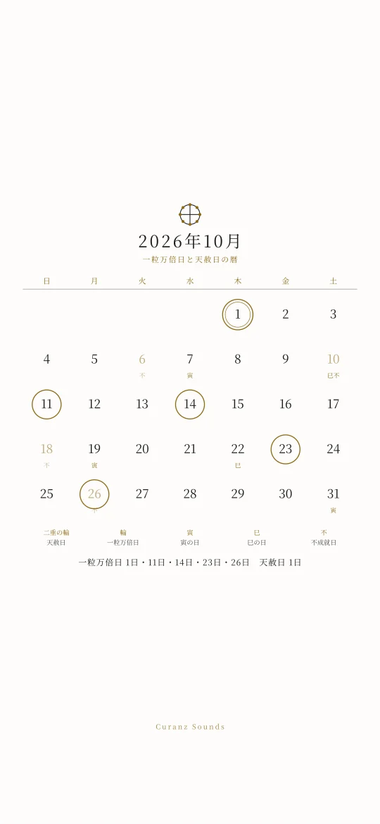 2026年10月の一粒万倍日と天赦日の暦の待ち受け