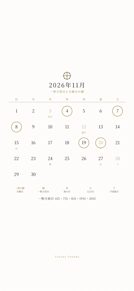 2026年11月の一粒万倍日と天赦日の暦の待ち受け